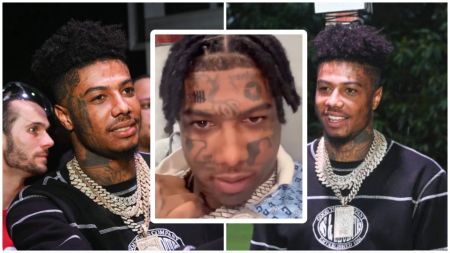 A collage showing rapper Blueface before and after his prison release, highlighting his new face tattoos featuring multiple brand logos.