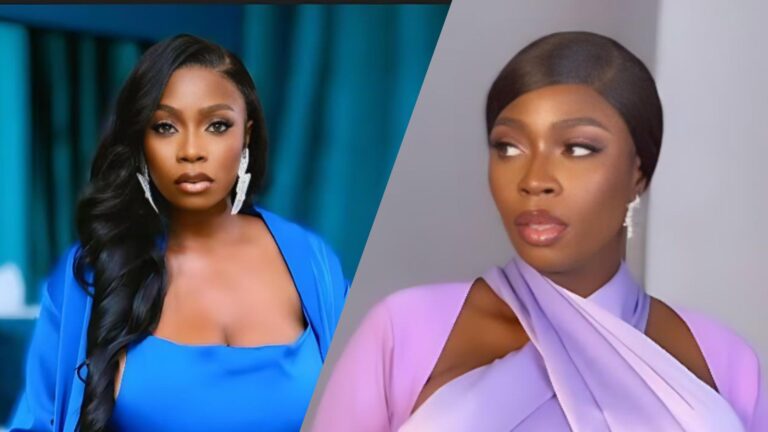 Side-by-side portrait of Nigerian actress Bolaji Ogunmola wearing two elegant outfits, one in royal blue with long wavy hair and the other in soft lilac with a sleek low bun, both showing her poised facial expression