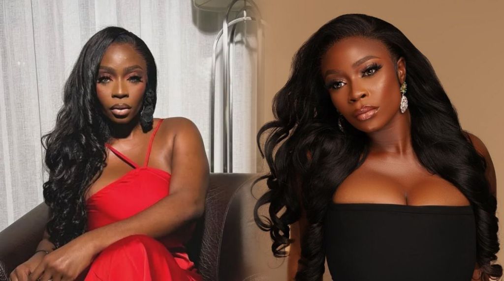 Side-by-side portraits of Nigerian actress Bolaji Ogunmola. On the left, she sits on a chair wearing a red dress with long wavy black hair and soft glam makeup. On the right, she poses against a beige background in a black strapless outfit, showcasing elegant earrings and flawless makeup
