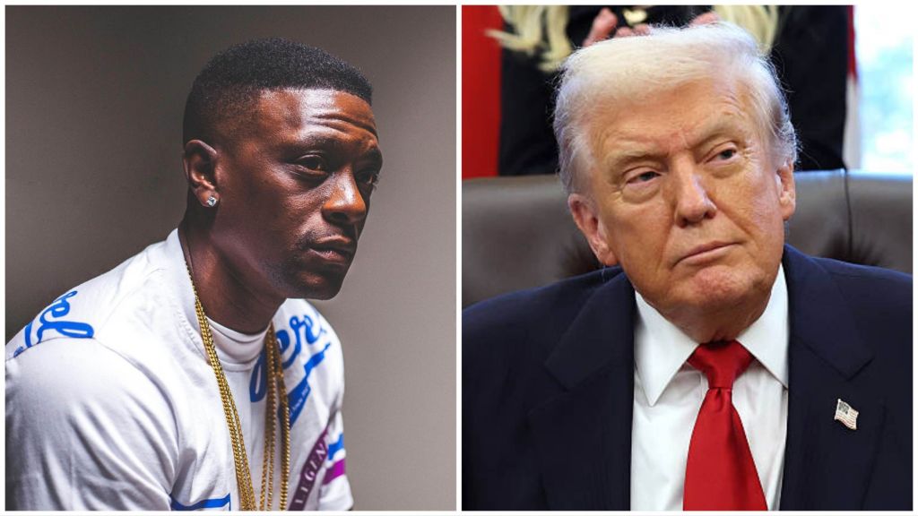 Side-by-side collage showing rapper Boosie BadAzz looking serious on the left and former U.S. President Donald Trump looking to the side on the right.