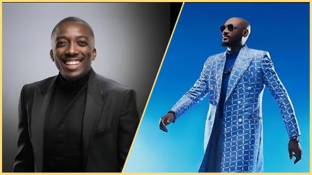 Side-by-side photo of comedian Bovi smiling in a black suit on a grey background, and singer 2Baba wearing sunglasses and a patterned blue coat against a bright blue backdrop.