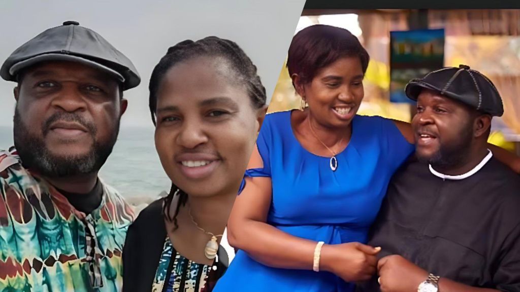 Side-by-side photos of gospel singer Buchi posing with his wife Jane; one shows the couple outdoors near water, while the other shows them smiling and holding each other in a warmly lit indoor setting