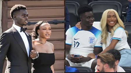 Bukayo Saka pictured in two scenes with his girlfriend Tolami Benson — on the left, the couple dressed formally with Saka in a black tuxedo and Tolami in a black gown; on the right, the pair sitting together in England jerseys at a stadium, smiling and holding each other.