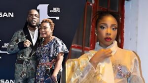 “Burna Boy poses with his mother, Bose Ogulu, on a red-carpet backdrop, while a separate photo shows his sister, Nissi, dressed in a stylish light-coloured outfit and looking directly at the camera.”