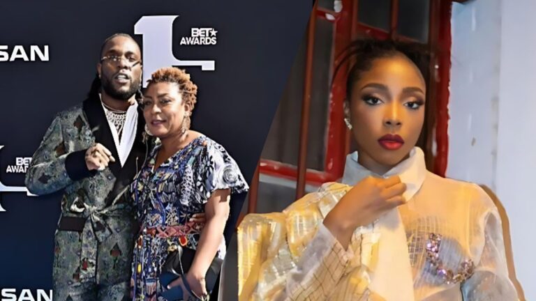 “Burna Boy poses with his mother, Bose Ogulu, on a red-carpet backdrop, while a separate photo shows his sister, Nissi, dressed in a stylish light-coloured outfit and looking directly at the camera.”