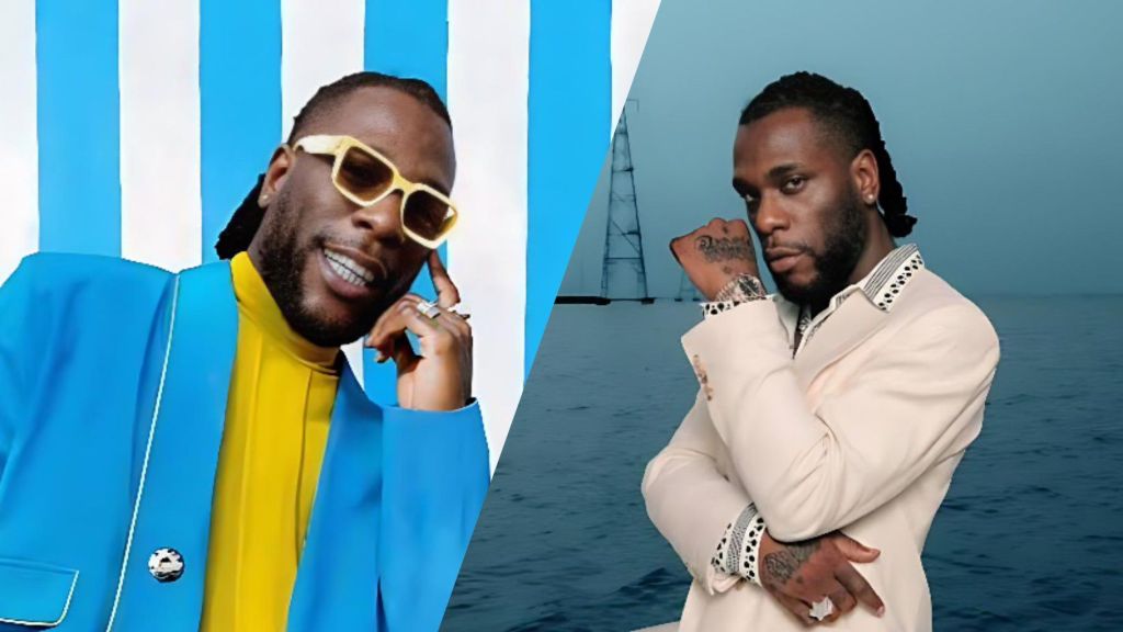 A split image showing Burna Boy in two different outfits: on the left, he wears a bright blue suit with a yellow top and sunglasses while smiling; on the right, he wears a cream-coloured suit and poses with his hand near his face against a calm ocean background.