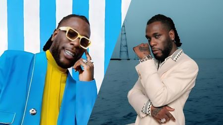 A split image showing Burna Boy in two different outfits: on the left, he wears a bright blue suit with a yellow top and sunglasses while smiling; on the right, he wears a cream-coloured suit and poses with his hand near his face against a calm ocean background.