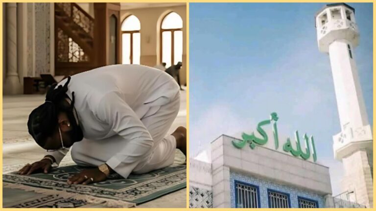 Split image showing Burna Boy in white traditional attire praying inside a mosque on the left, and the exterior of a mosque with Arabic inscription and minaret on the right.