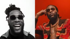 Side-by-side photos of Burna Boy; the left image shows him smiling in black-and-white with sunglasses, while the right image shows him posing in a vibrant red outfit against a red background.