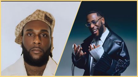 Side-by-side collage of Burna Boy; the left image shows him wearing a beige Gucci beret and white outfit with a neutral expression, while the right image shows him smiling in a black leather jacket and glasses against a dark studio background.
