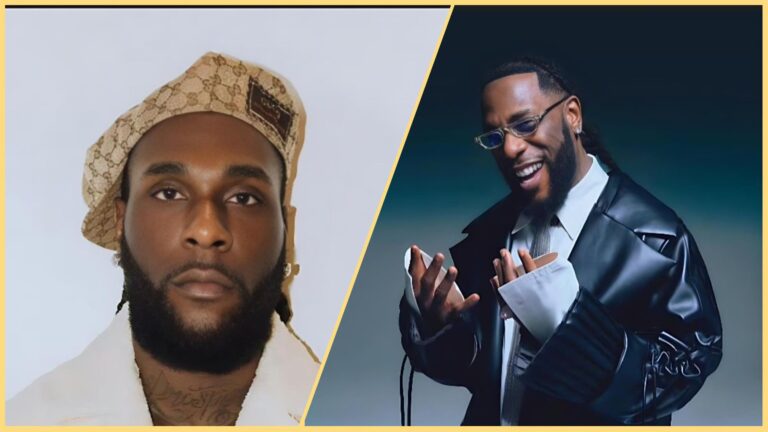 Side-by-side collage of Burna Boy; the left image shows him wearing a beige Gucci beret and white outfit with a neutral expression, while the right image shows him smiling in a black leather jacket and glasses against a dark studio background.