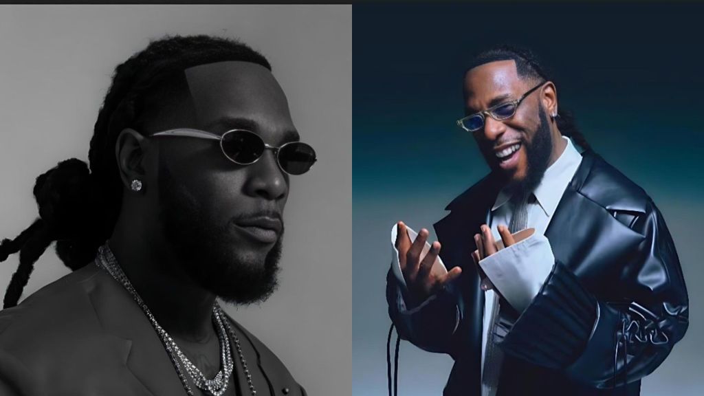 “Side-by-side portraits of Burna Boy wearing sunglasses; one in black-and-white with braided hair and chains, and the other in colour with him smiling in a dark leather jacket.”
