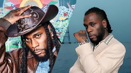 A split-image collage of Burna Boy. On the left, he wears a brown leather jacket and a decorated cowboy-style hat, posing with a serious expression. On the right, he appears in a cream outfit against a blue background, raising his hand to show his wrist tattoos.