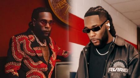 Burna Boy poses in two stylish outfits, one featuring a red-and-black embellished jacket and the other a black leather jacket with sunglasses, shown side-by-side in a split-image collage.