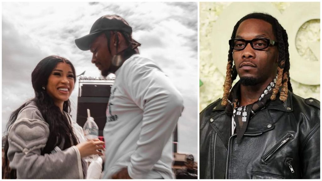 A split image showing Cardi B smiling next to Stefon Diggs outdoors on the left, and Offset standing alone in a black leather jacket on the right.