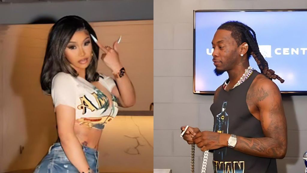Side-by-side image of Cardi B posing with her hand near her face while wearing a cropped top and jeans, and Offset standing indoors holding a chain and looking to the side.
