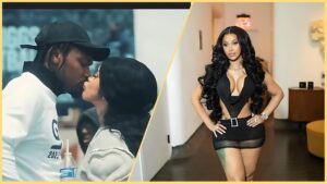 Split image showing Cardi B kissing Stefon Diggs on the left, and Cardi B posing in a black cut-out mini dress on the right.