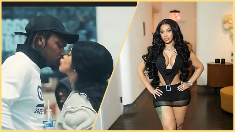 Split image showing Cardi B kissing Stefon Diggs on the left, and Cardi B posing in a black cut-out mini dress on the right.