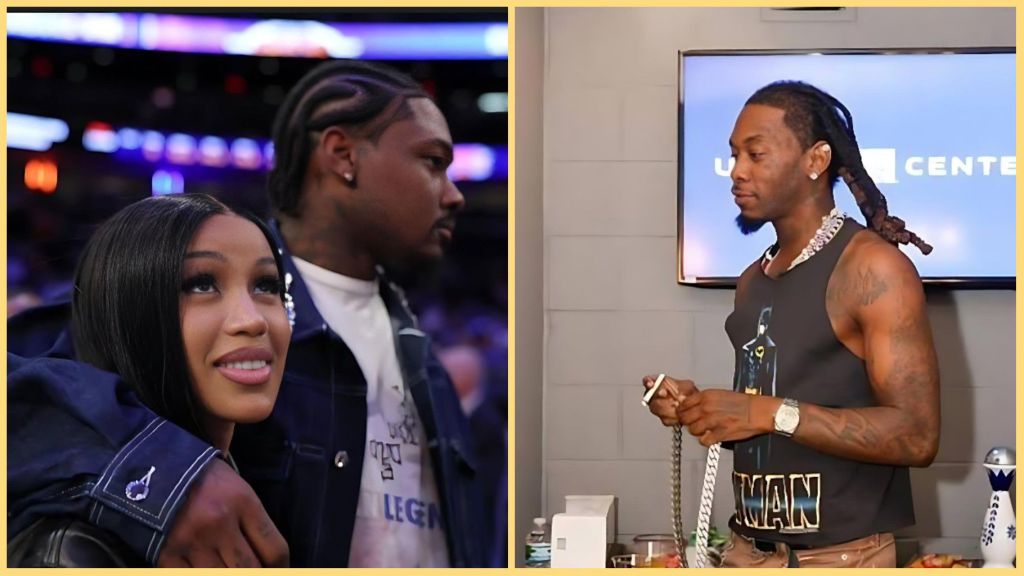 Side-by-side collage showing Cardi B smiling beside NFL star Stefon Diggs at a basketball game on the left, while Offset stands alone indoors on the right holding a large chain and looking away.