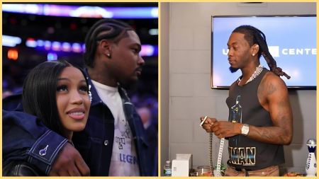 Side-by-side collage showing Cardi B smiling beside NFL star Stefon Diggs at a basketball game on the left, while Offset stands alone indoors on the right holding a large chain and looking away.