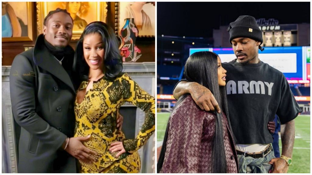 Side-by-side photos of Cardi B and Stefon Diggs. In the left image, they pose indoors with Stefon holding Cardi’s baby bump as she smiles in a yellow patterned dress. In the right image, they stand together on a football field at night, looking at each other while Stefon wraps an arm around her shoulders.