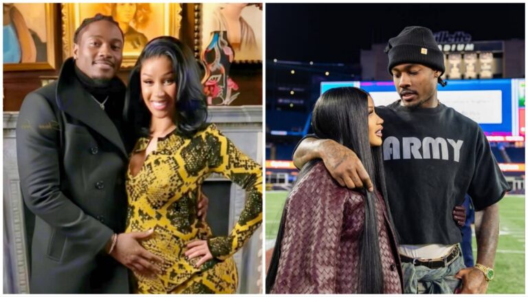 Side-by-side photos of Cardi B and Stefon Diggs. In the left image, they pose indoors with Stefon holding Cardi’s baby bump as she smiles in a yellow patterned dress. In the right image, they stand together on a football field at night, looking at each other while Stefon wraps an arm around her shoulders.
