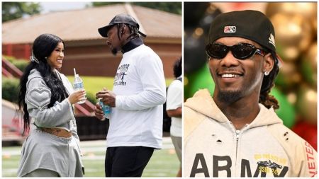 Side-by-side images showing Cardi B smiling and holding a water bottle while talking with NFL player Stefon Diggs on a football field, and a separate photo of Offset wearing sunglasses and smiling.