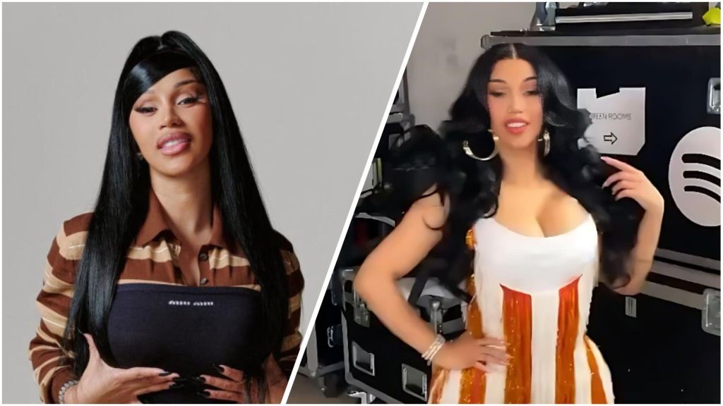 Side-by-side photos of Cardi B; the left image shows her in a brown striped top with straight black hair, while the right image shows her in a white and orange fringed dress posing backstage in front of equipment cases.