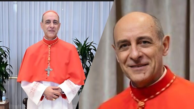 Two photos of Cardinal Víctor Manuel Fernández wearing red cardinal vestments. The first shows him standing indoors with his hands clasped, while the second is a close-up portrait of him smiling.