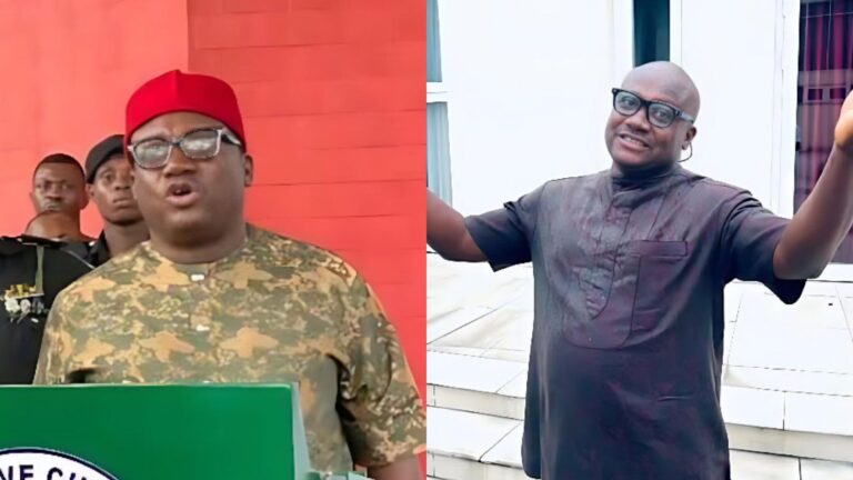 Side-by-side photos showing Hon. Chima Njoku. The left image shows him wearing a red cap and camouflage shirt while speaking at a podium with security officers behind him. The right image shows him smiling in a dark outfit with his arms raised outdoors.