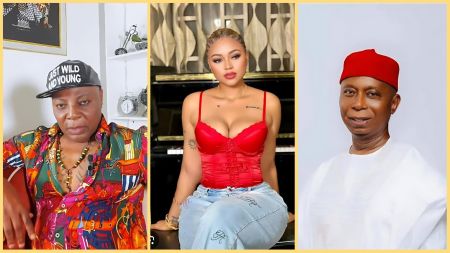 A three-panel collage showing Charly Boy on the left wearing a colourful shirt and a cap, Regina Daniels in the centre wearing a red corset top and jeans, and Ned Nwoko on the right dressed in white traditional attire with a red cap.