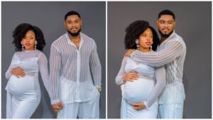 A maternity photoshoot featuring Chekwas Michael and his pregnant wife Jasmine. The couple pose together in coordinated white outfits against a plain backdrop, with Chekwas holding or embracing Jasmine as she cradles her baby bump.