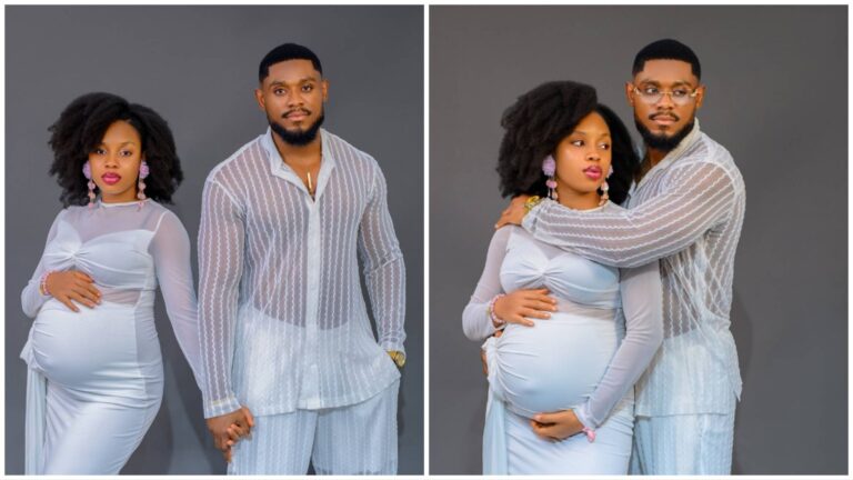 A maternity photoshoot featuring Chekwas Michael and his pregnant wife Jasmine. The couple pose together in coordinated white outfits against a plain backdrop, with Chekwas holding or embracing Jasmine as she cradles her baby bump.