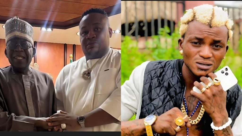 Side-by-side photo showing President Bola Ahmed Tinubu shaking hands with Cubana ChiefPriest in an indoor setting, while another image shows singer Portable posing outdoors with blond hair and multiple rings.