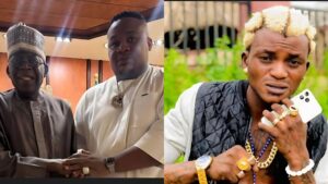 Side-by-side photo showing President Bola Ahmed Tinubu shaking hands with Cubana ChiefPriest in an indoor setting, while another image shows singer Portable posing outdoors with blond hair and multiple rings.