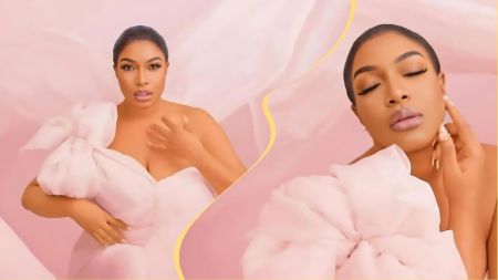 Side-by-side portraits of actress Chika Ike in a soft pink, strapless tulle gown, posing against a matching pastel pink background; one image shows her looking directly at the camera with hand on chest, the other with eyes closed and hand on her face.