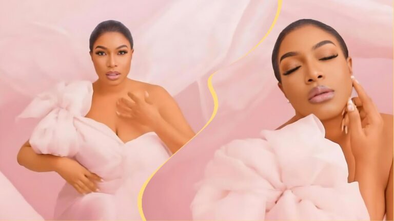 Side-by-side portraits of actress Chika Ike in a soft pink, strapless tulle gown, posing against a matching pastel pink background; one image shows her looking directly at the camera with hand on chest, the other with eyes closed and hand on her face.