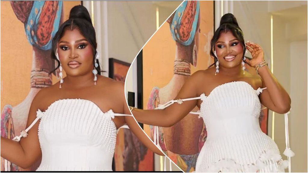 Chizzy Alichi poses indoors in a white, beaded strap dress, smiling in one photo and maintaining a calm expression in the other, with a colourful wall art behind her.