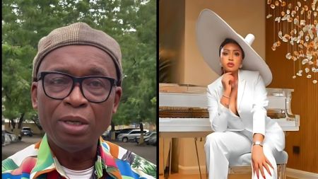 Side-by-side image showing Chuks Nwoko speaking outdoors, wearing glasses and a colourful shirt, and Regina Daniels posing indoors in an elegant white suit and large hat near a white piano