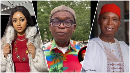 Split image showing actress Regina Daniels on the left, Chuks Nwoko speaking in the middle, and Senator Ned Nwoko on the right.