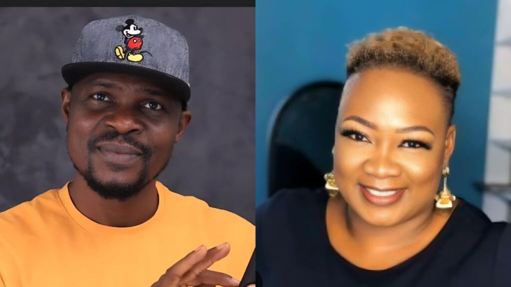Side-by-side photo of actor Baba Ijesha wearing a grey Mickey Mouse cap and yellow shirt, next to comedian Princess smiling in a black top against a blue background.