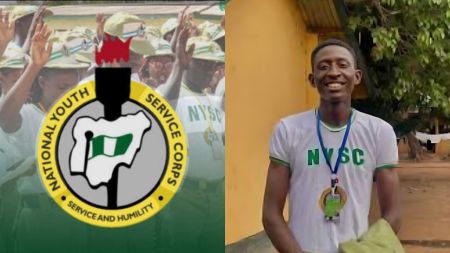Side-by-side photo showing the NYSC logo on the left and a smiling male corps member wearing an NYSC uniform on the right.