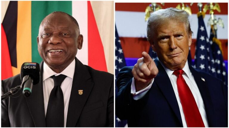 Side-by-side photos of South African President Cyril Ramaphosa speaking at a podium, and former U.S. President Donald Trump pointing forward during an event.