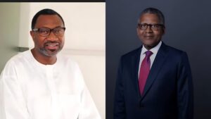 Side-by-side portrait of two Nigerian businessmen; the left image shows a man in a white traditional outfit and glasses smiling, while the right image shows a man in a dark suit with a red tie and glasses standing against a plain background.