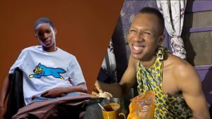Side-by-side image showing Daniel Regha smiling while eating at a table and Wizkid’s son Boluwatife Balogun (known as Champz) posing in a studio wearing a white T-shirt with a blue cartoon design.
