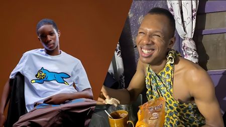 Side-by-side image showing Daniel Regha smiling while eating at a table and Wizkid’s son Boluwatife Balogun (known as Champz) posing in a studio wearing a white T-shirt with a blue cartoon design.