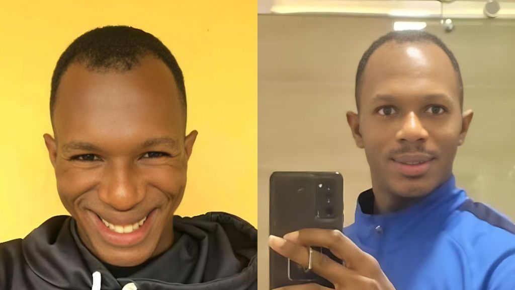 A side-by-side collage showing Daniel Regha. The left image shows him smiling in front of a yellow background, while the right image shows him taking a mirror selfie in a blue jacket, holding his phone with one hand.