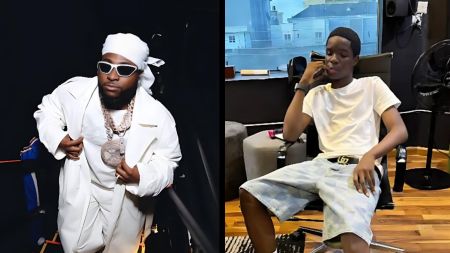Side-by-side photo showing Davido dressed in an all-white outfit with sunglasses and jewellery on the left, and young artist Champz sitting in a studio chair wearing a white T-shirt and denim shorts on the right.