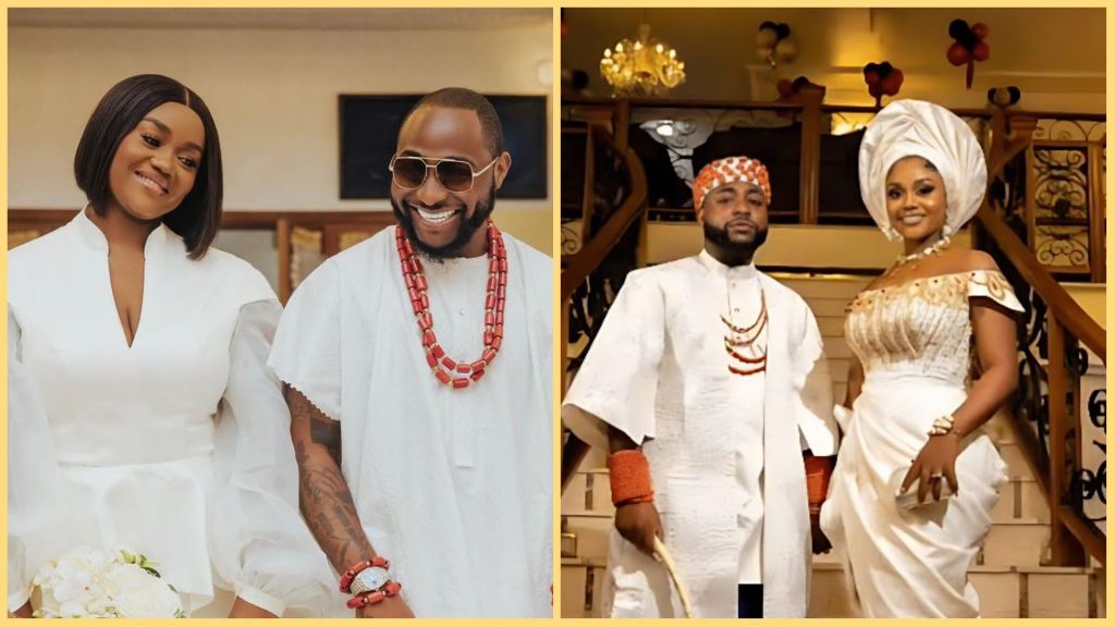 Davido and his wife Chioma pictured in traditional and white wedding outfits during their private wedding ceremonies.