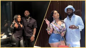 Side-by-side photos of Davido posing with his cousin Niko Adeleke; in the left image they stand by a fireplace, both dressed in black, while in the right image they appear indoors, with Niko in a colourful shirt and denim shorts and Davido in a light blue outfit holding a drink